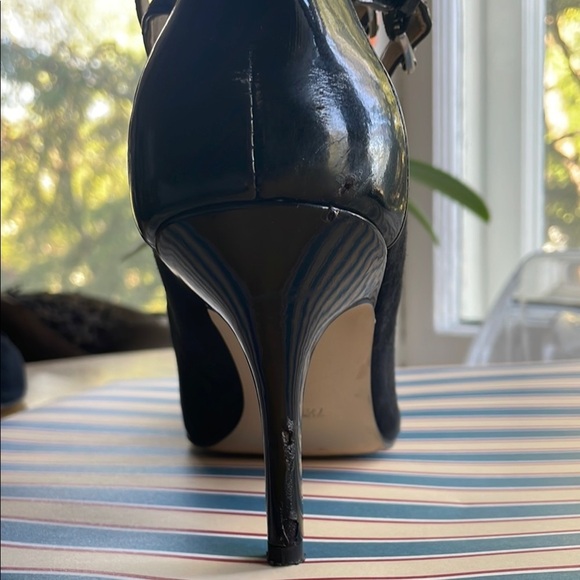 Audrey Brooke Stiletto Heels Suede Patent Trim Pointed Toe Double Strap Black - Picture 4 of 13